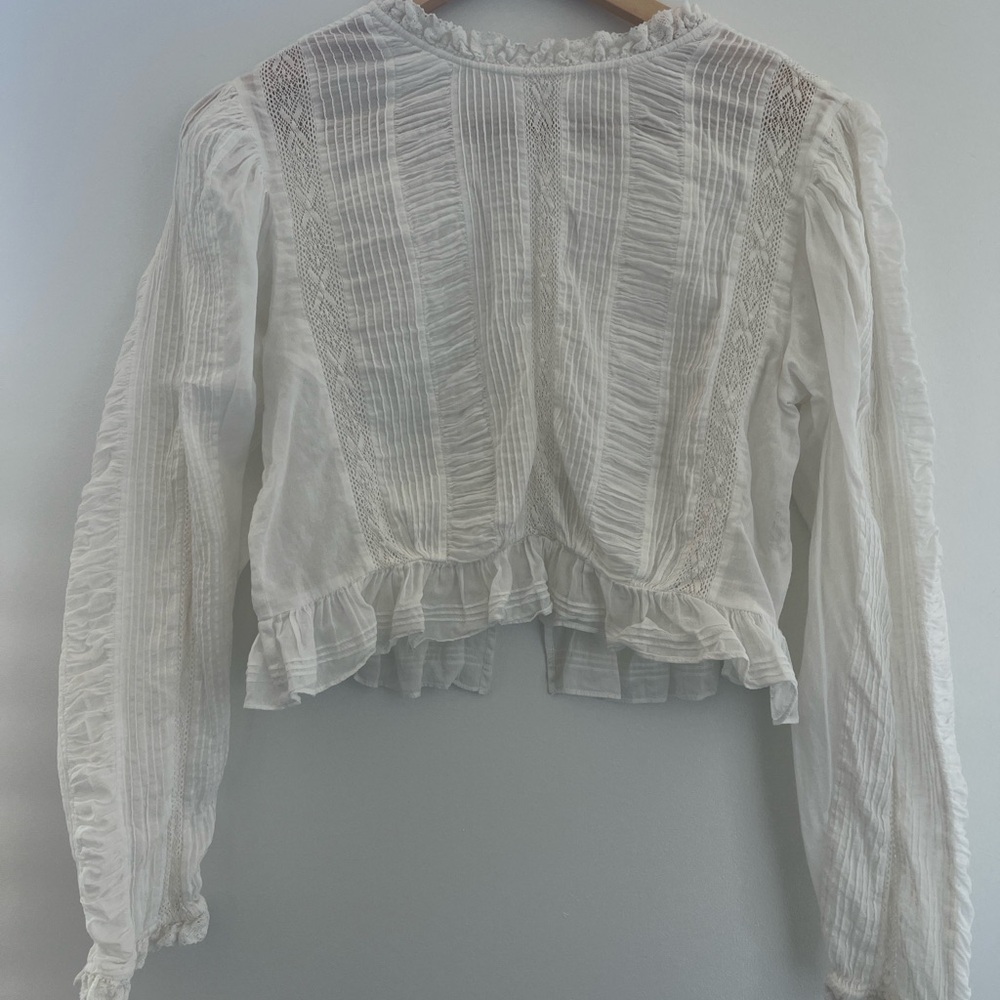 Doen Sheer White Lace Ruffle Blouse